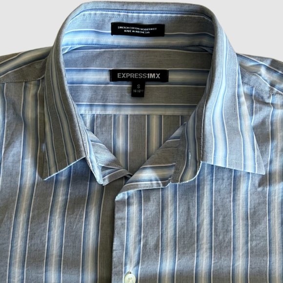 Express Men's Modern Fit Stretch 1MX Button Down Blue/Gray Stripes- Size Small - Picture 2 of 7